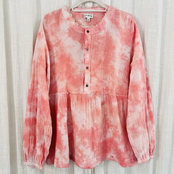 Wonderly Coral & White Tie Dye Earthy Boho 100% Cotton Soft Flowy Blouse - XL - Picture 1 of 9